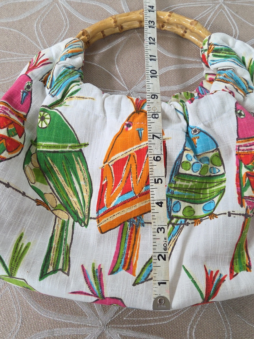 Vintage Bird, Cotton Barkcloth Handbag With Bamboo Handles! - Picture 7 of 8